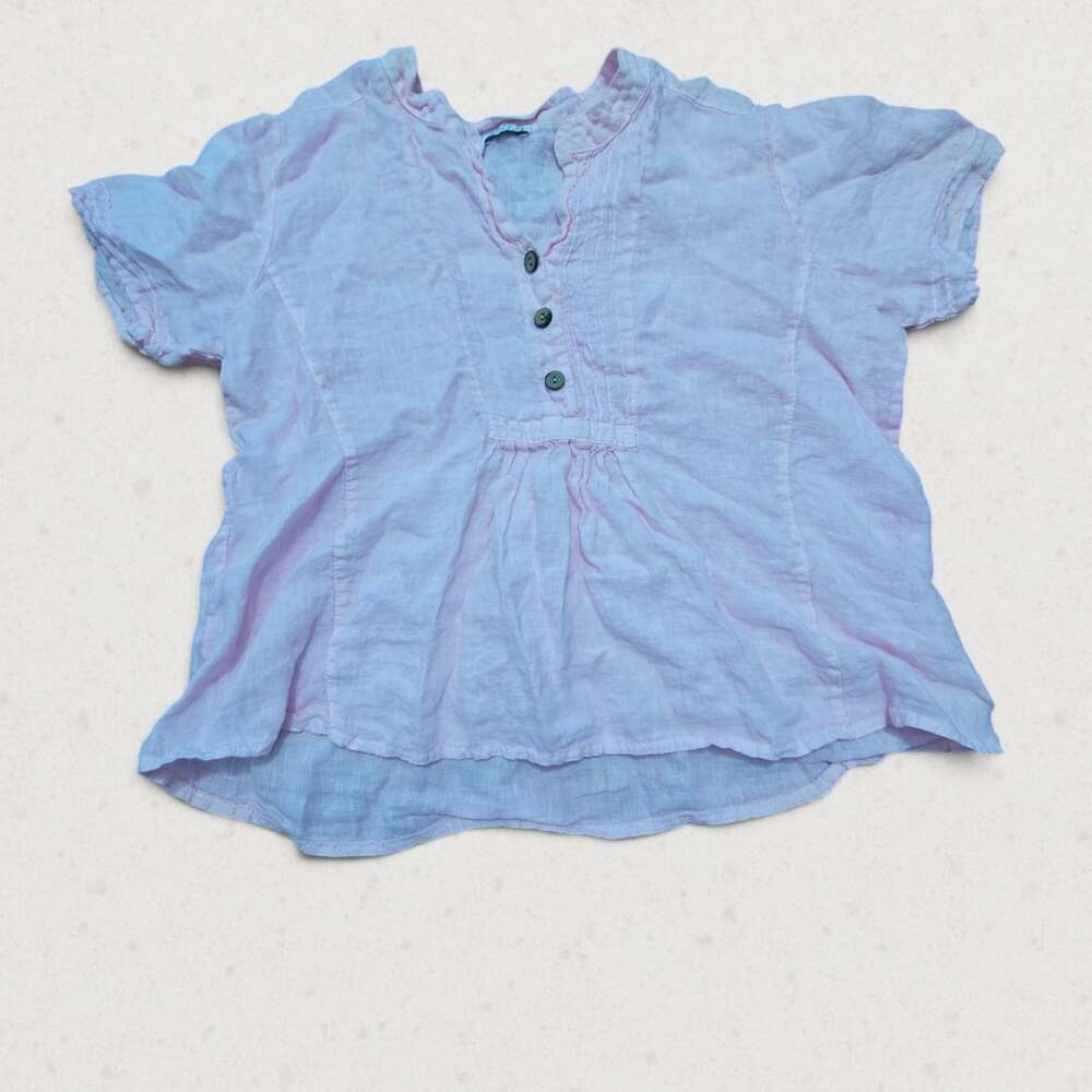 Suzy D London Women's 100% Linen Pink Short Sleeve Henley Blouse Top Size L